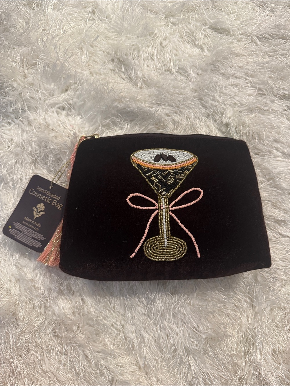 Hand-Beaded Chocolate Brown Velvet Bag with Cocktail Motif